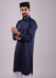 Lurex Lining Work Pathani Suit In Navy Blue Color